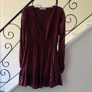 Abercrombie & Fitch Deep Burgundy Long-Sleeve V-Neck Mini Dress